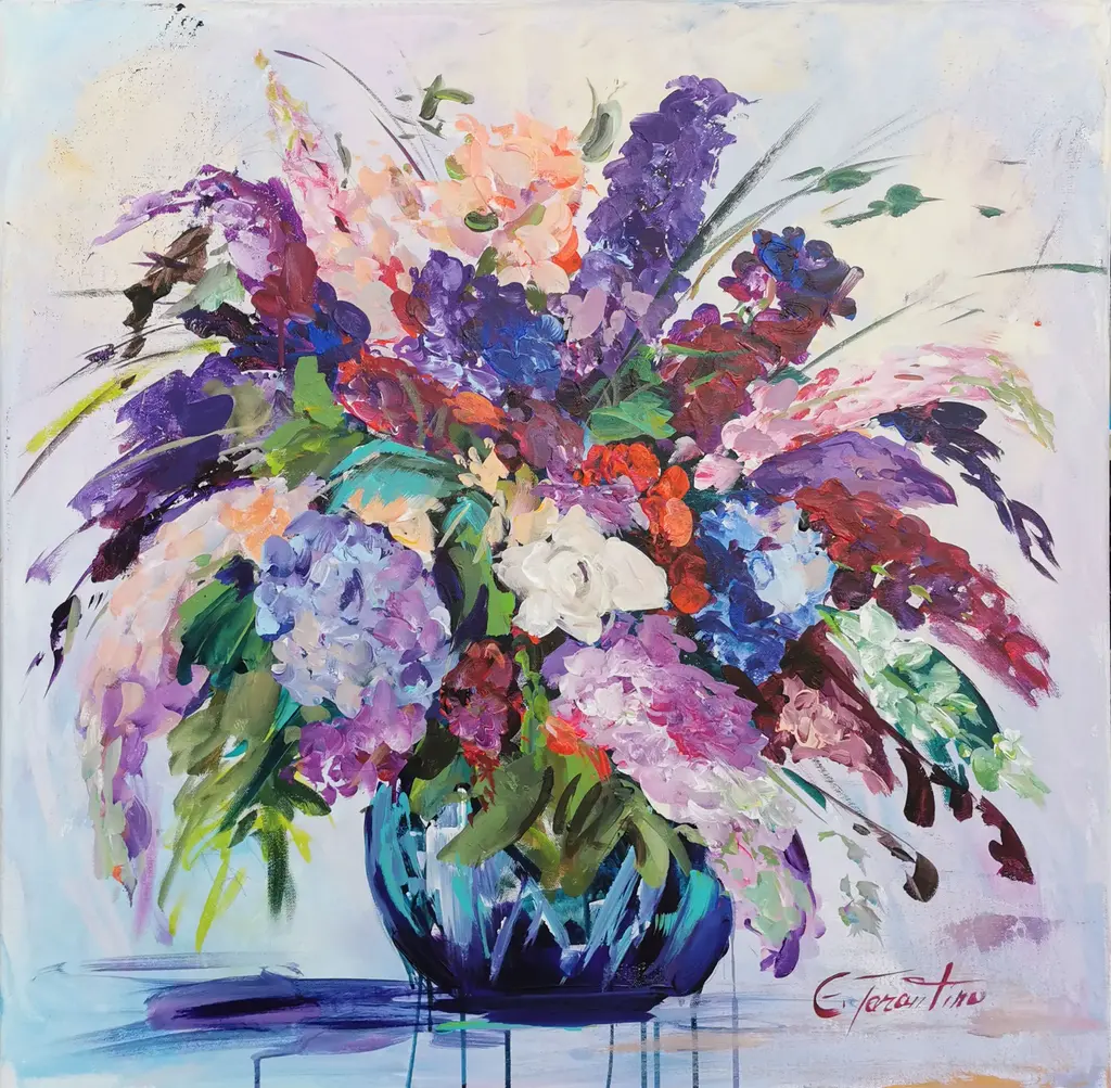 Blumenstrauß - Bunter Blumenstrauß Acrylbild auf Leinwand 80x80cm von Arte Tarantino